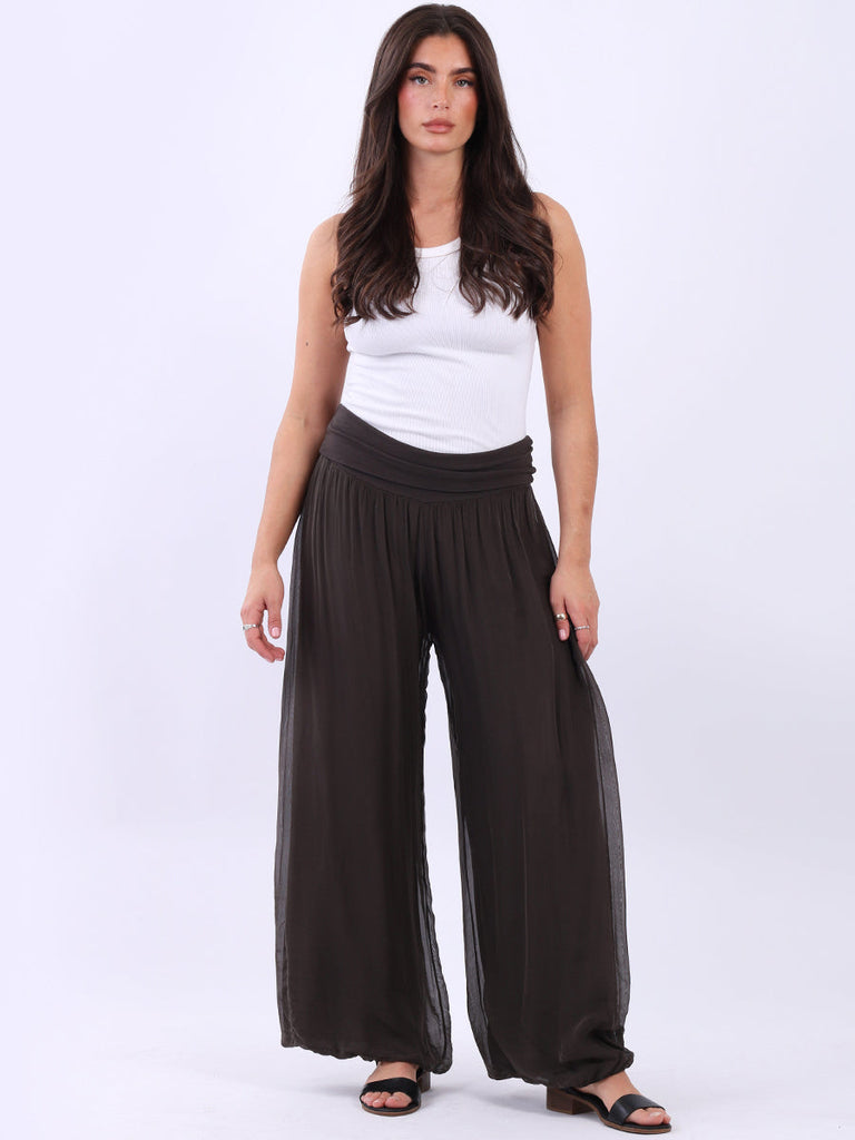 Plain Wide Leg Silk Palazzo Chocolate
