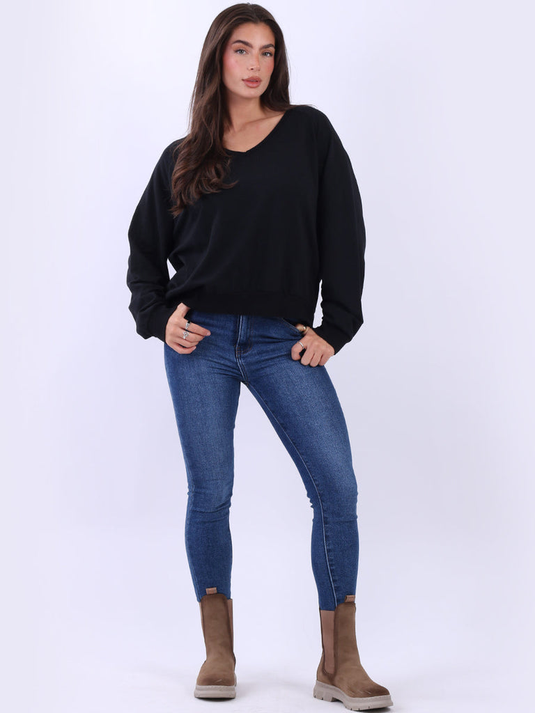 V-Neck Cotton Sweat Top Black