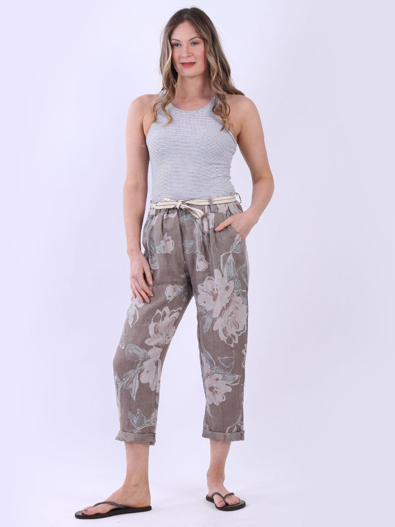  Women Floral Linen Trouser Mocha