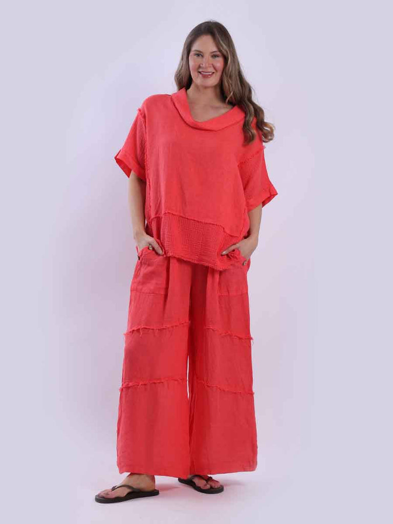 Mesh Net Plain Linen Top Coral