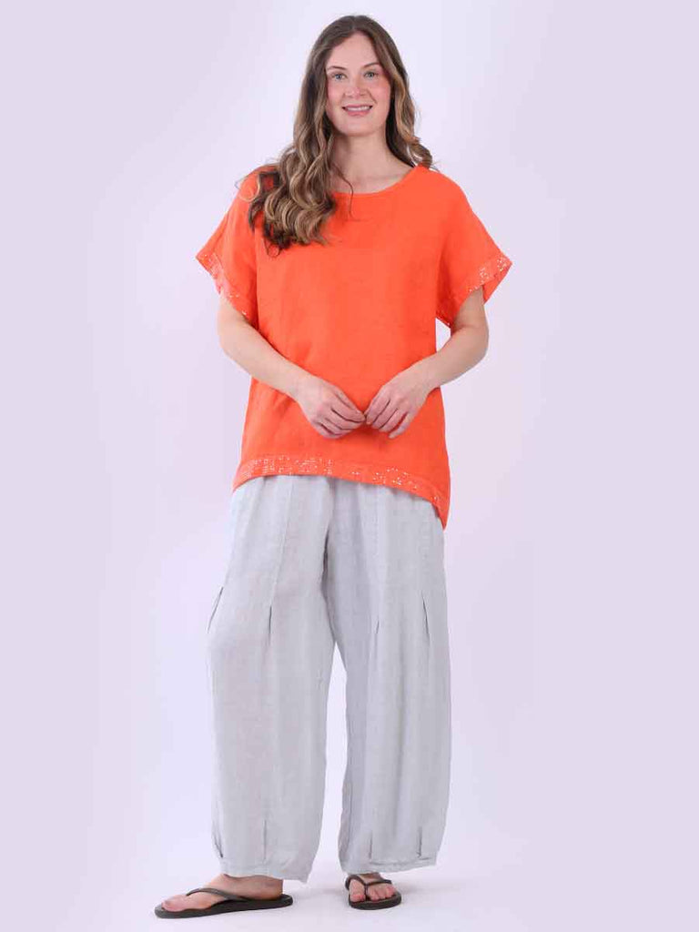 Sequin High Low Linen Top Orange