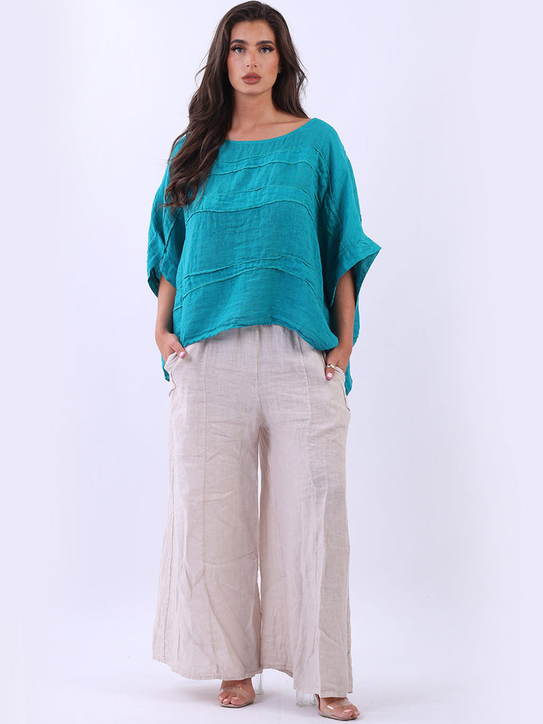 Italian Front Patches Plus Size Linen Lagenlook Top-Aqua 