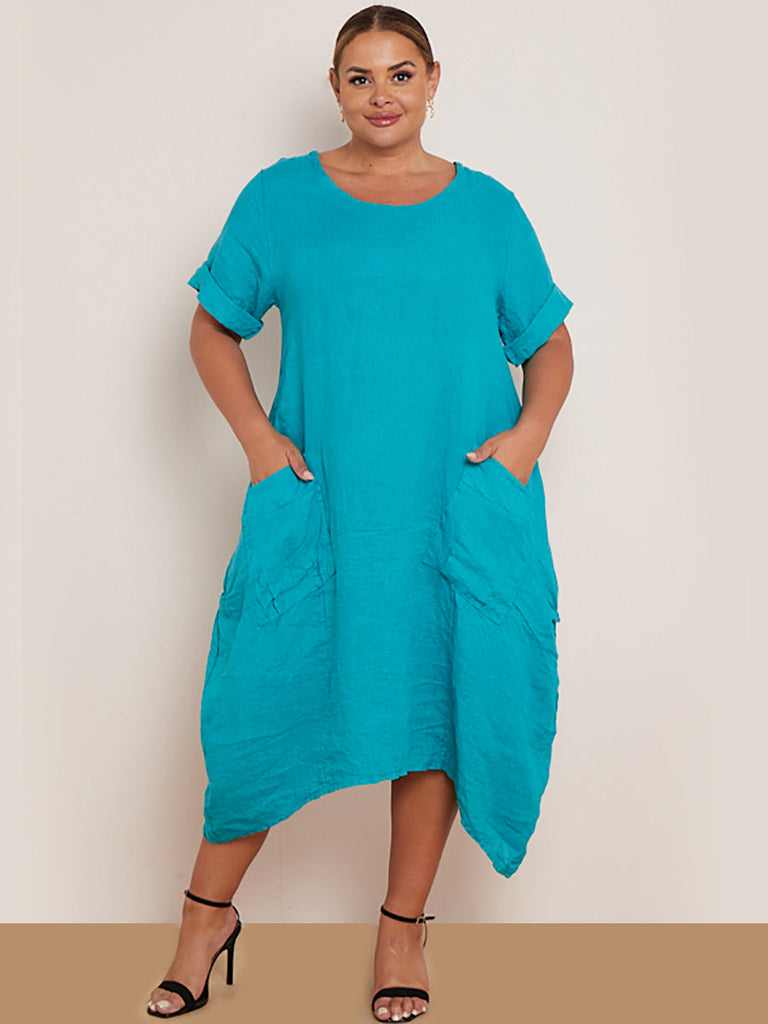 Plain Linen Lagenlook Dress Aqua 