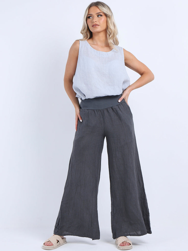 Plain Linen Palazzo Pant BeigeCharcoal