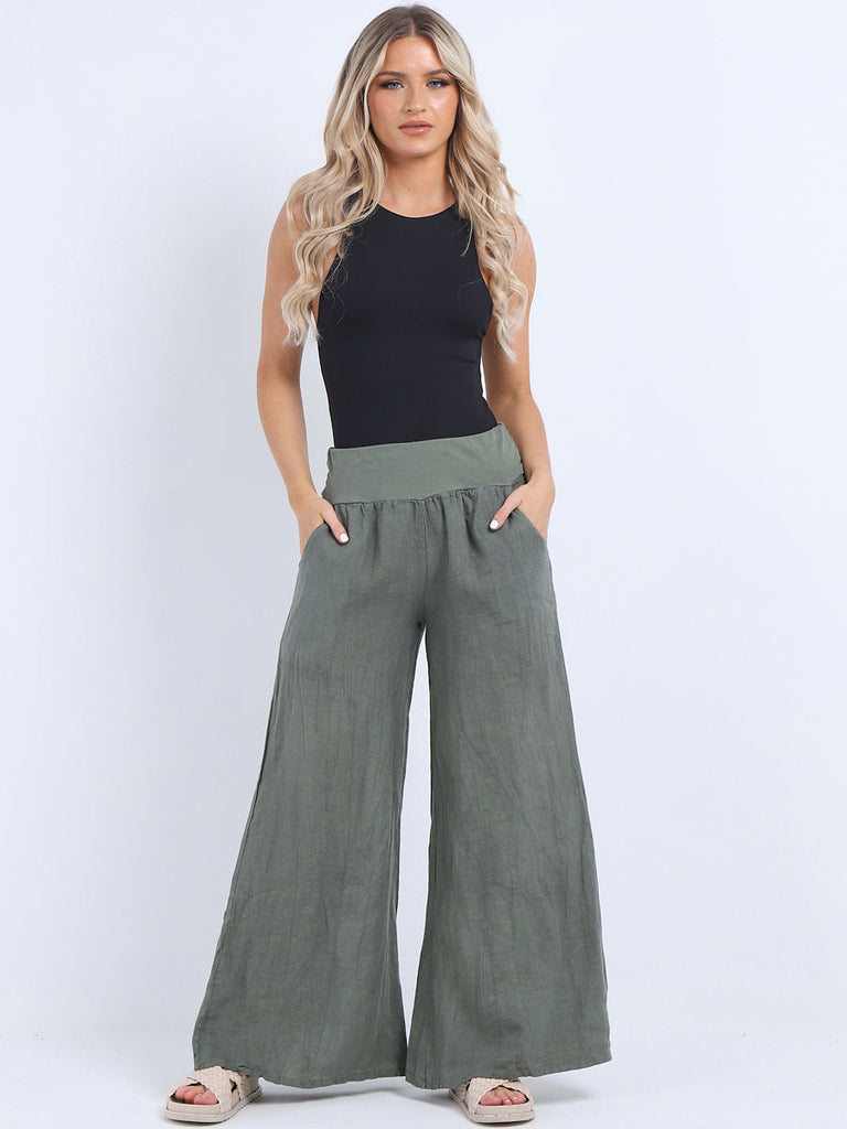 Plain Linen Palazzo Pant Khaki
