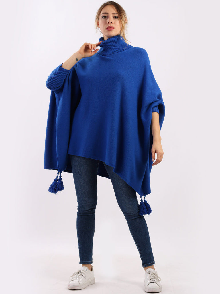 Cowl Neck Batwing Poncho Royal Blue 