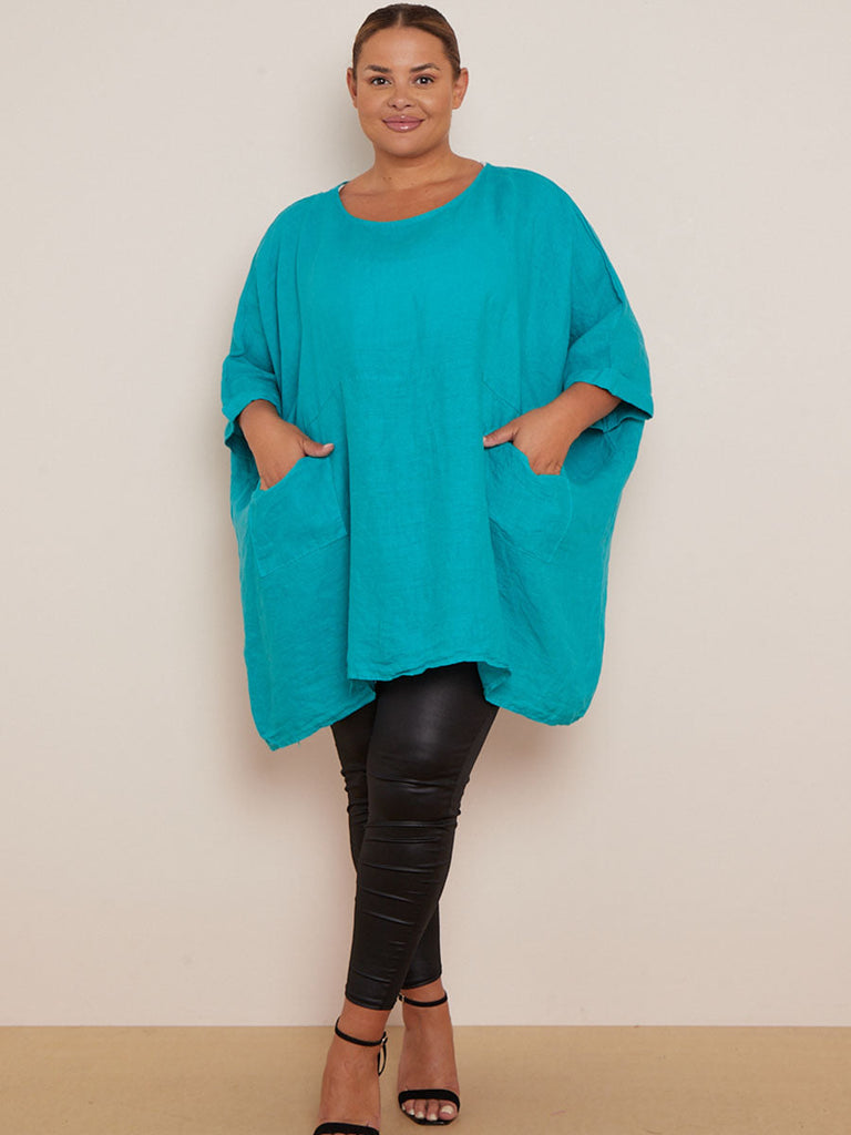 Oversized Linen Batwing Top Aqua 
