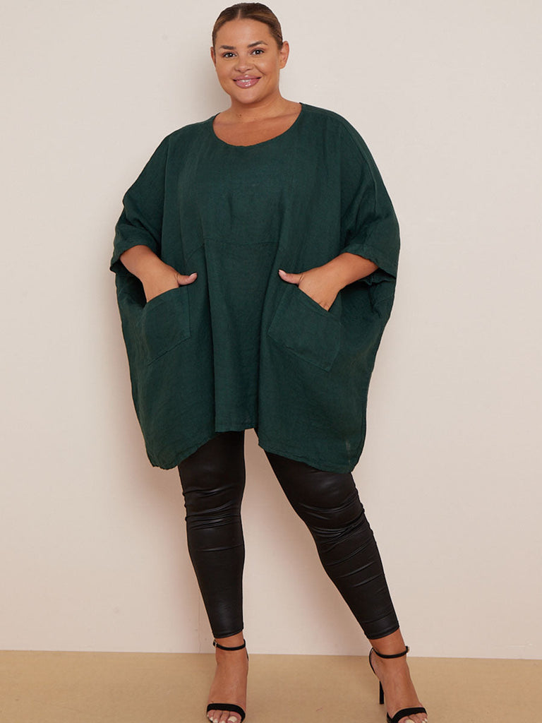 Oversized Linen Batwing Top Bottle Green 