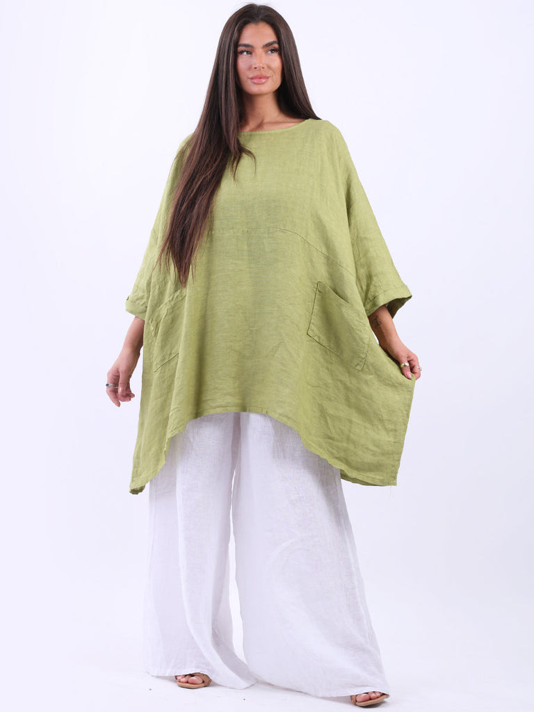 Oversized Linen Batwing Top Lime Green 