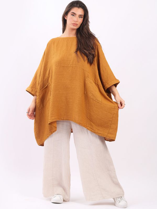 Oversized Linen Batwing Top Mustard 