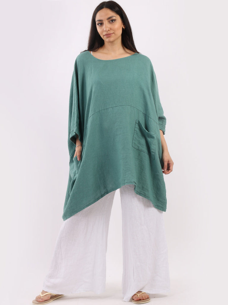 Oversized Linen Batwing Top Ocean Blue 