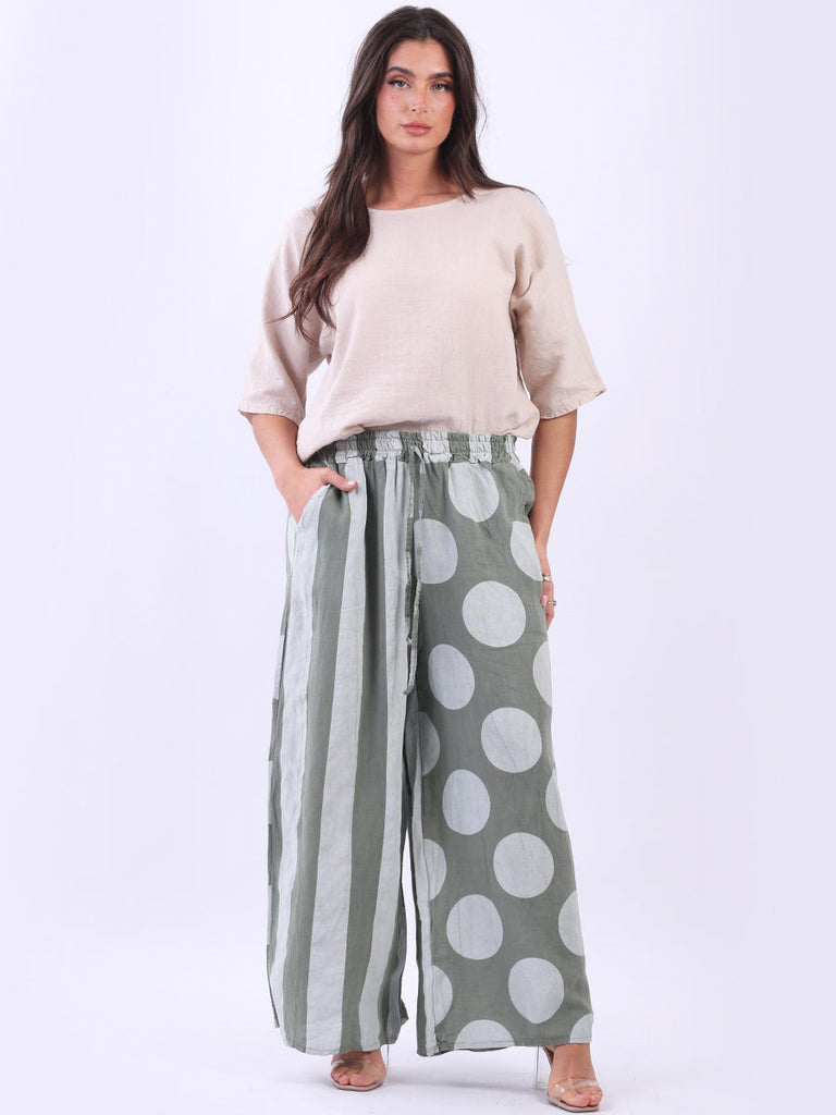 Polka And Stripy Mix Print Palazzo Khaki