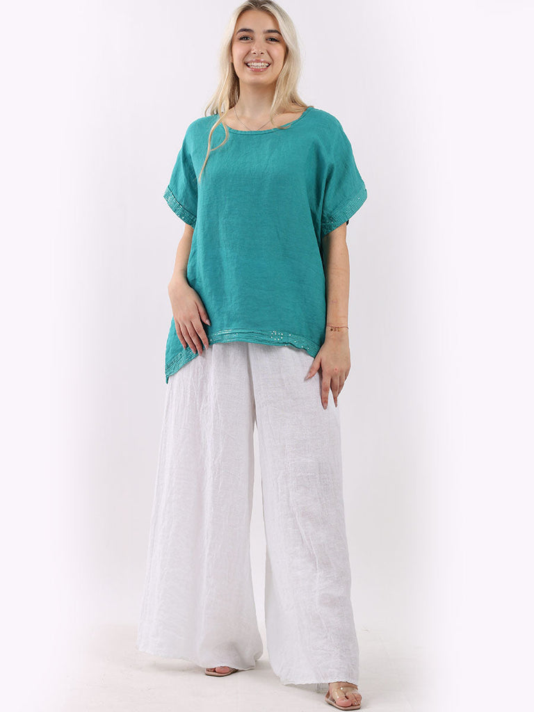 Sequin High Low Linen Top Teal