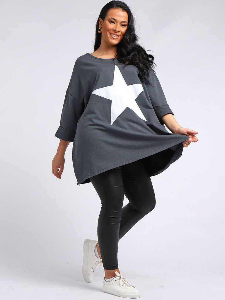 Star Print Oversized Shirt Charcoal