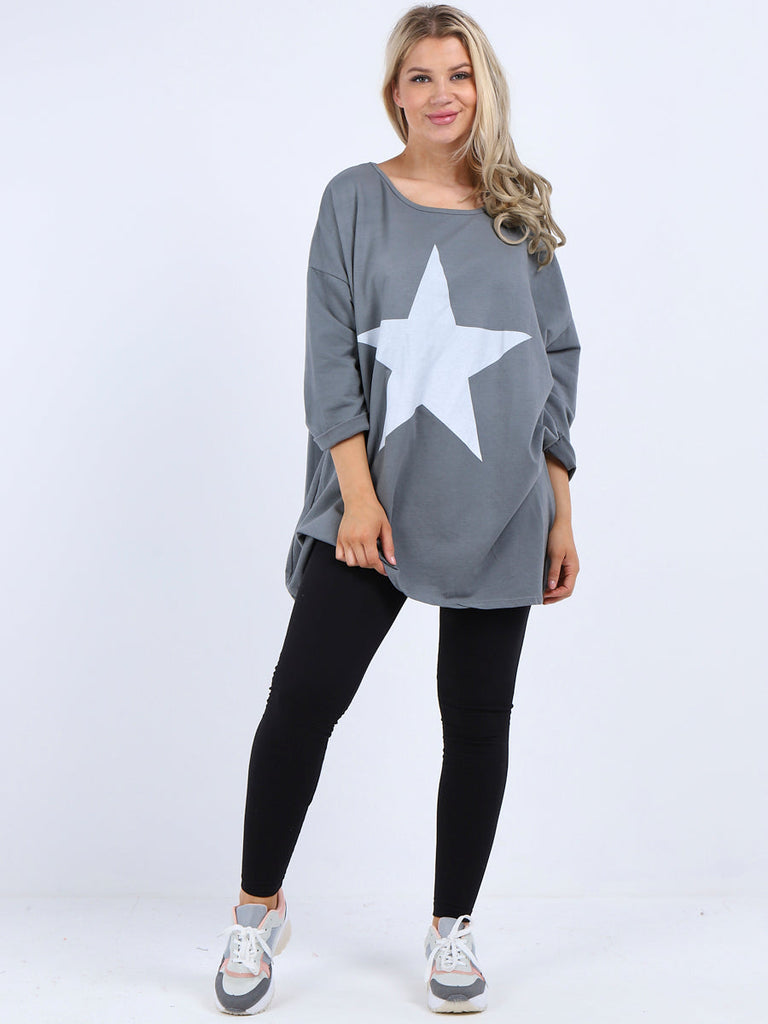 Star Print Oversized Shirt Grey