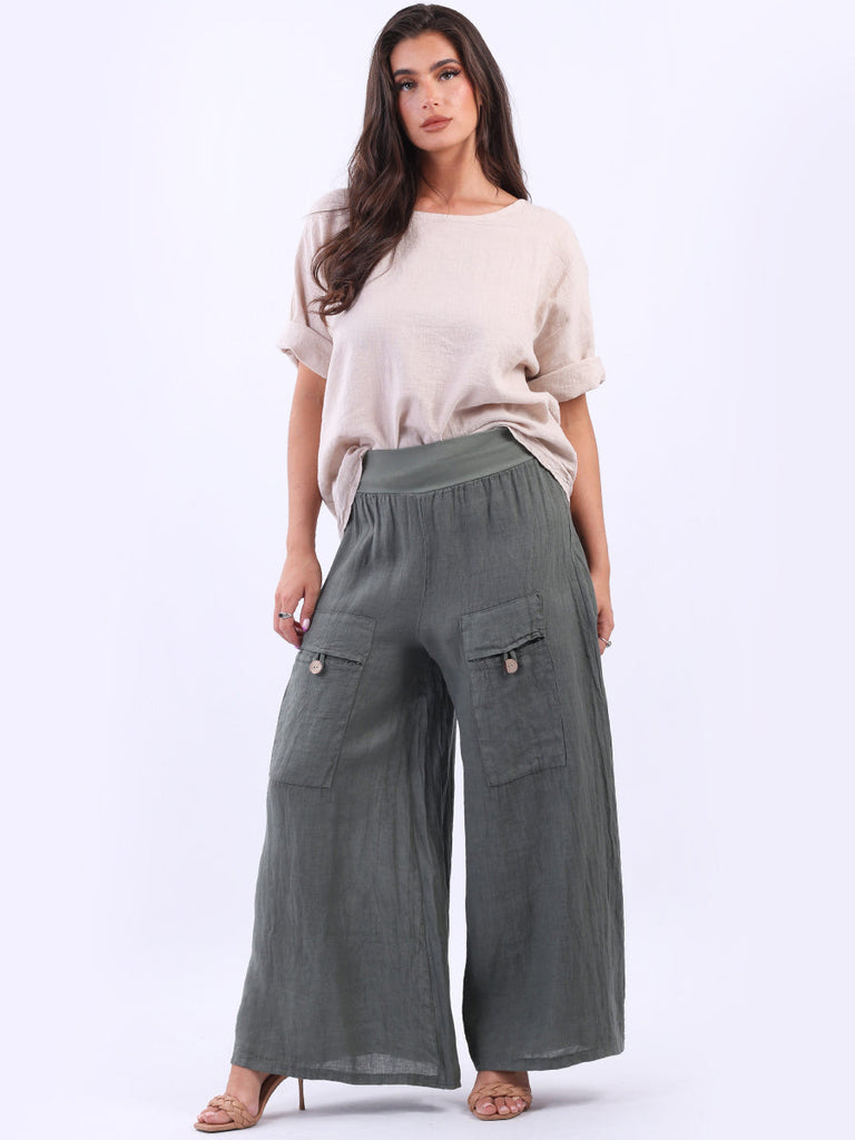 Vintage Wash Linen Palazzo Khaki