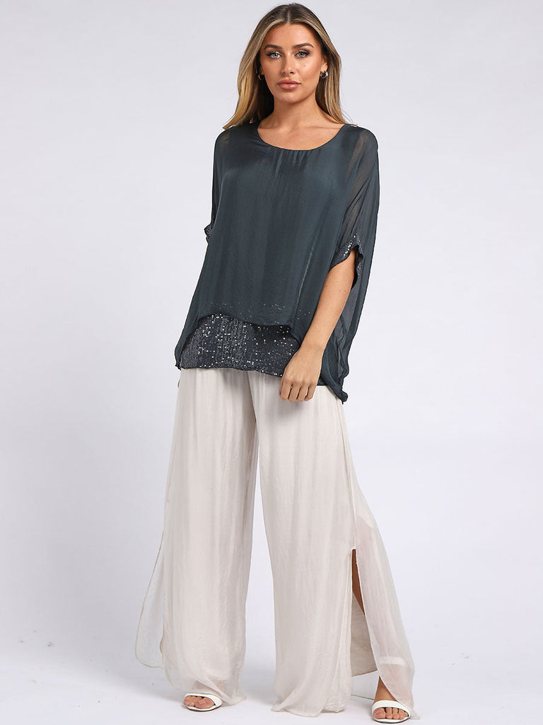Sequin Twin Silk Top Charcoal