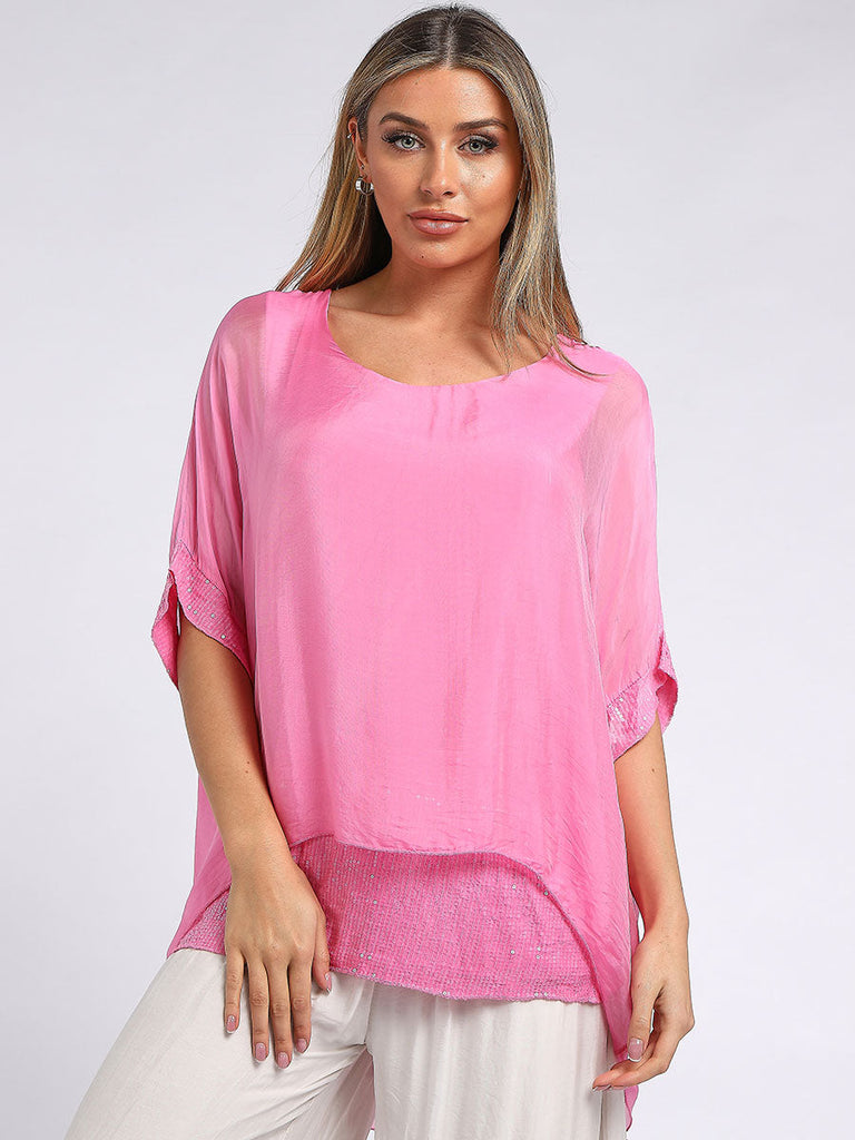 Sequin Twin Silk Top Fuchsia