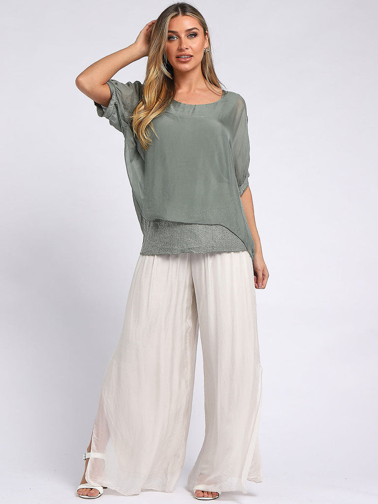 Sequin Twin Silk Top Khaki
