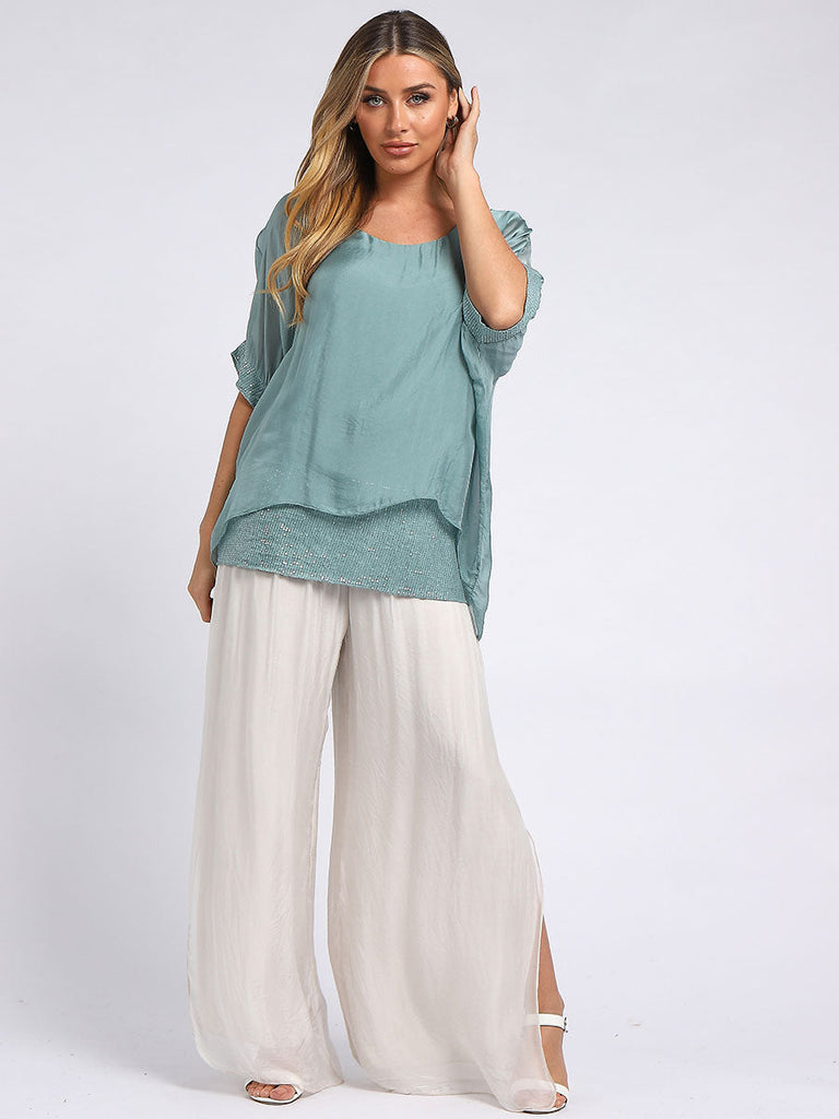 Sequin Twin Silk Top Ocean Blue