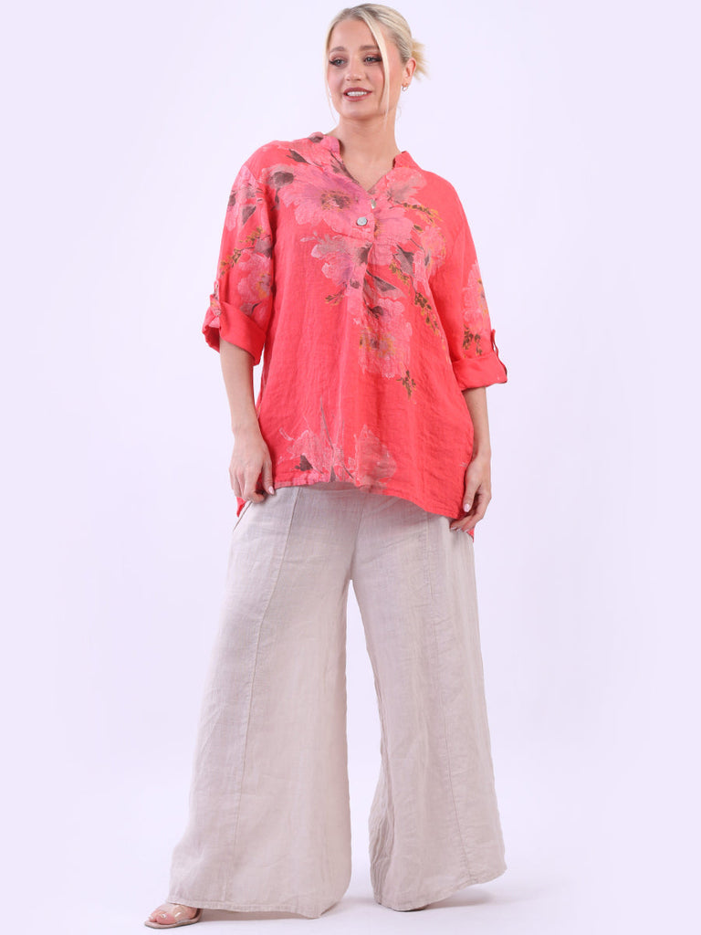 Floral Linen Tunic Top Coral