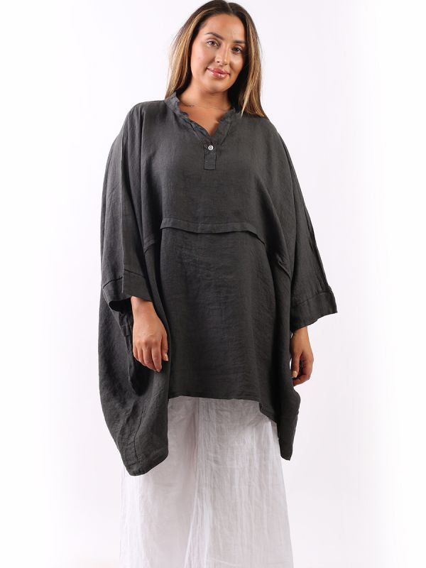 Linen Batwing Top Charcoal