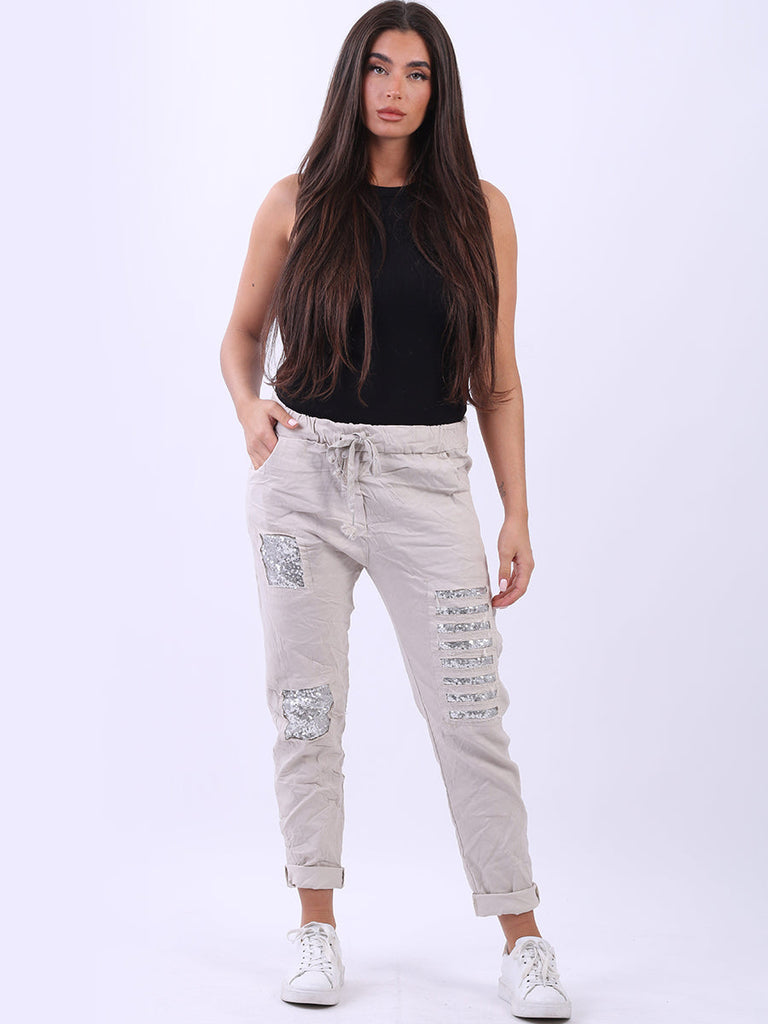 Sequin Ripped Magic Pant Beige 