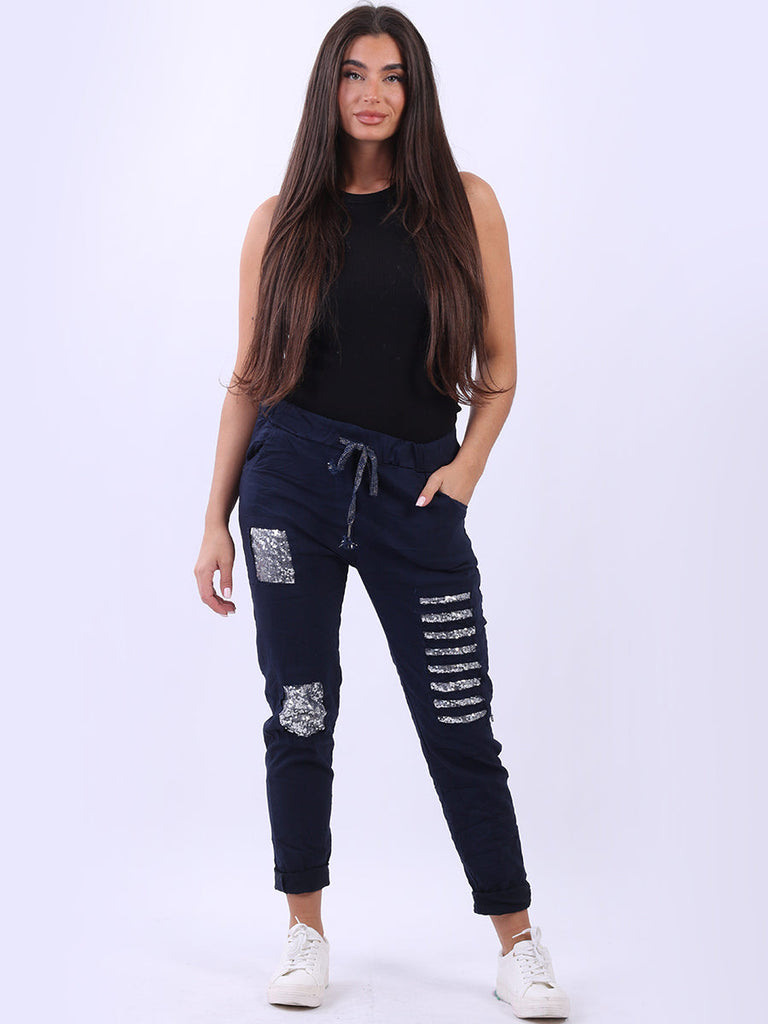 Sequin Ripped Magic Pant Navy