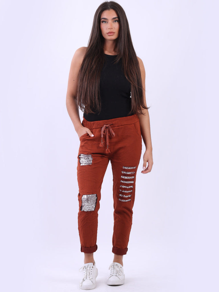 Sequin Ripped Magic Pant rust