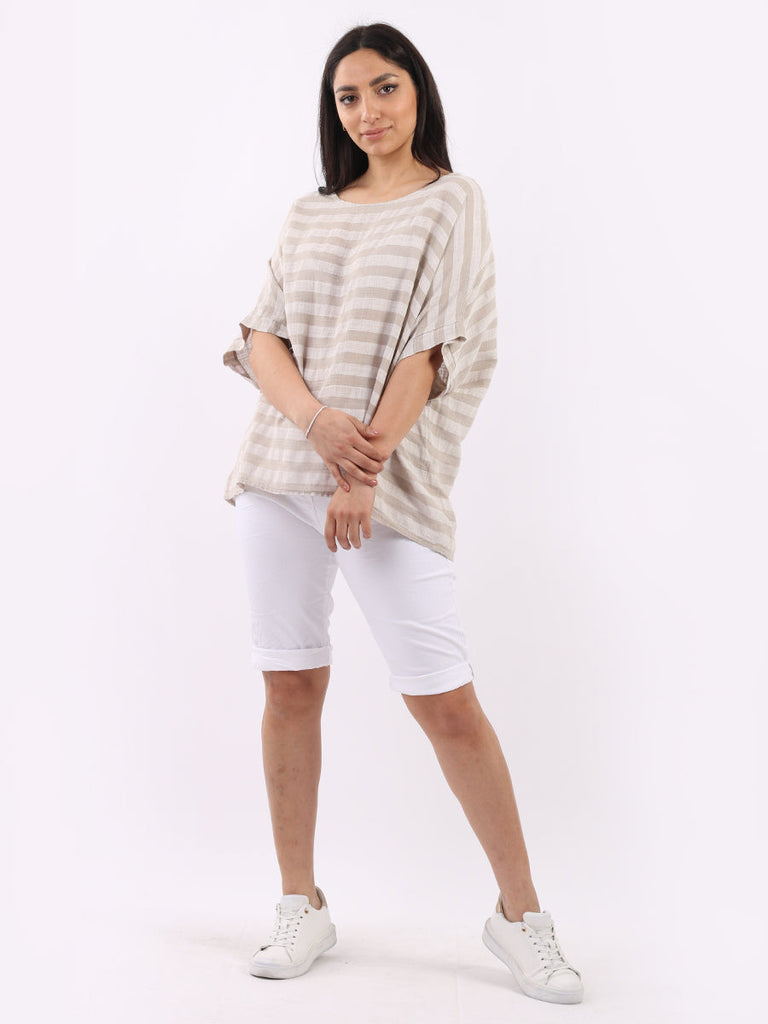 Stripy Cotton Boxy Top Beige 