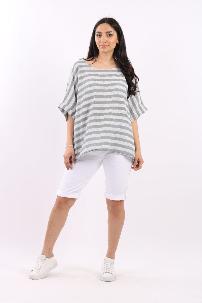 Stripy Cotton Boxy Top Grey