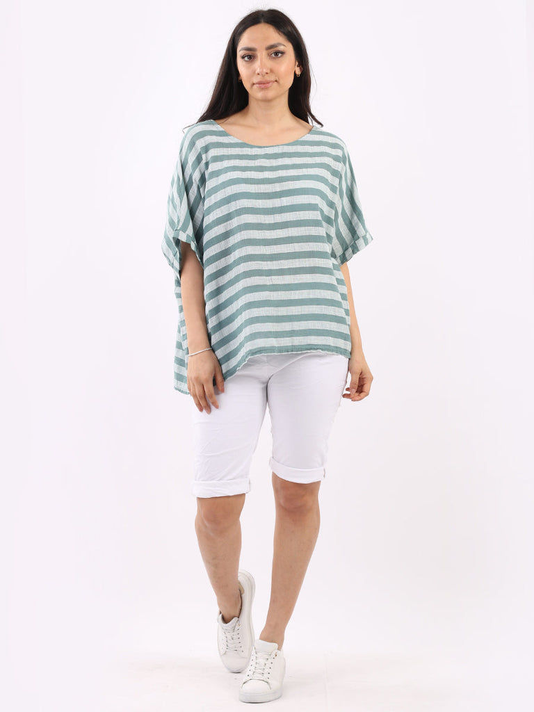 Stripy Cotton Boxy Top Ocean Blue 