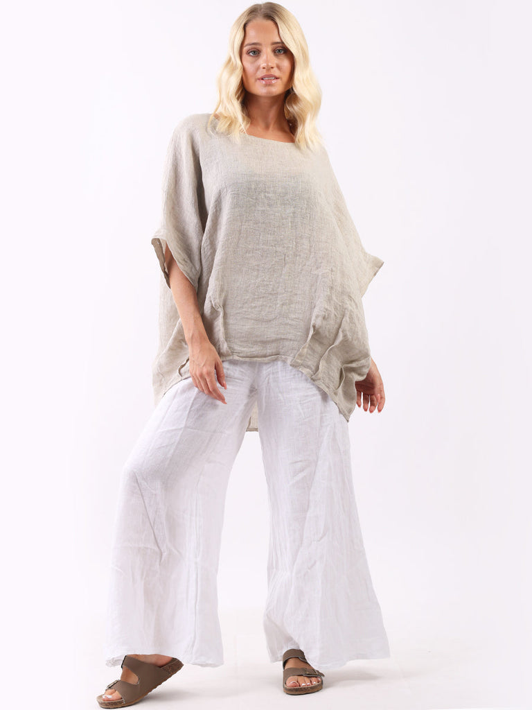 Vintage Wash Batwing Linen Top Beige