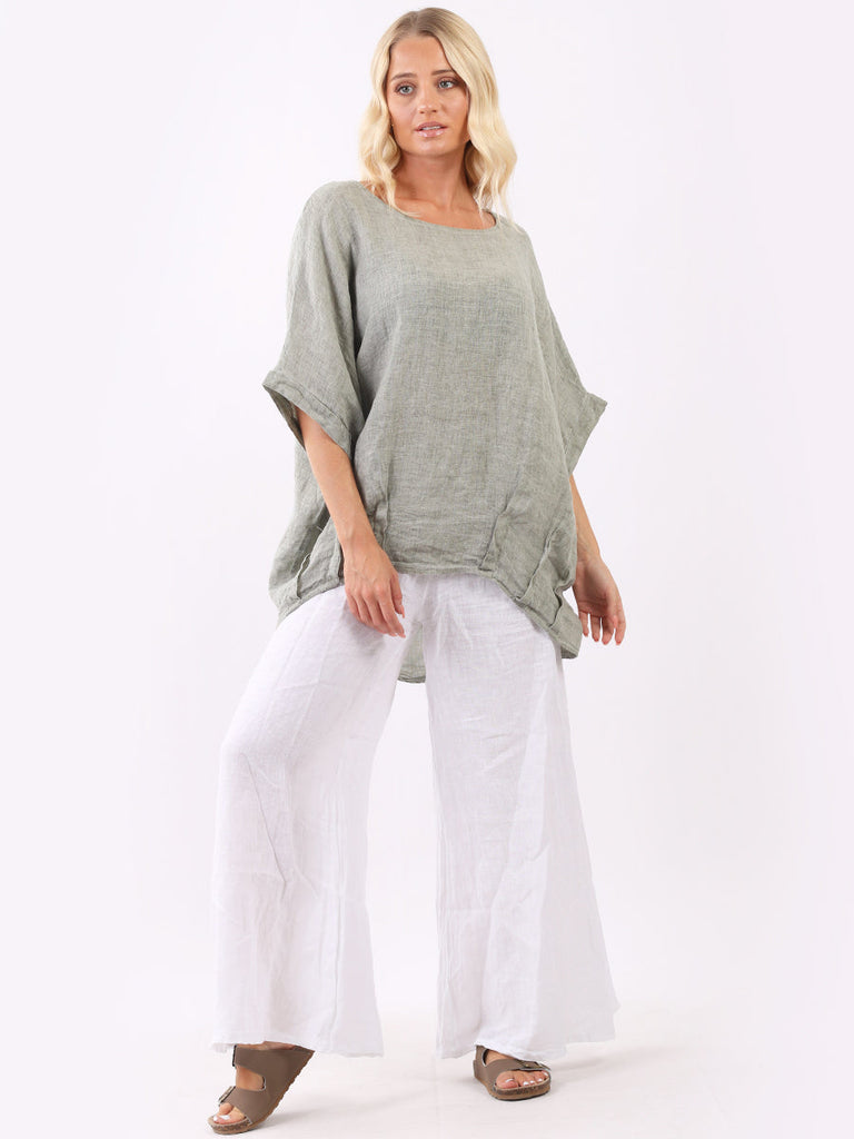 Vintage Wash Batwing Linen Top Khaki