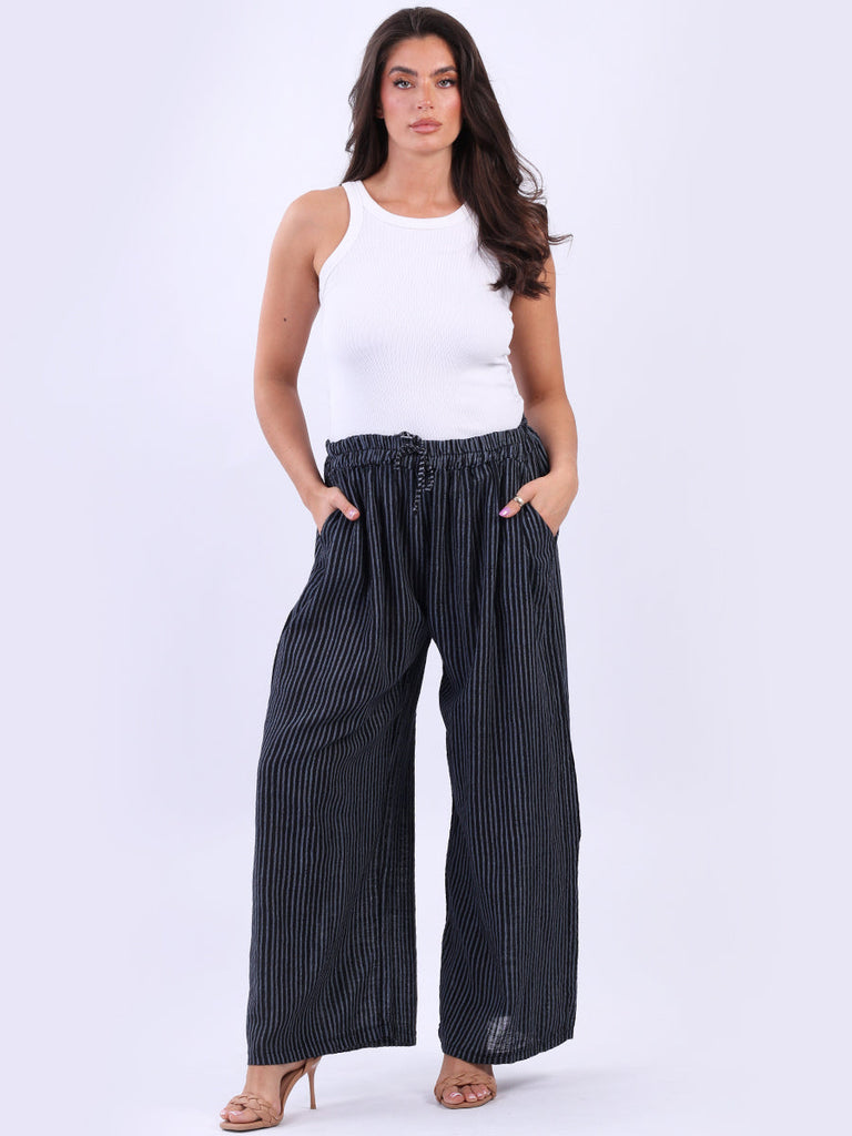 Stripy Print Cotton Pants Black