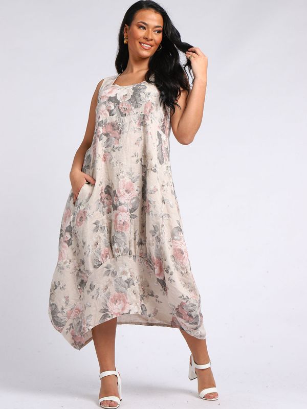 Square Neck Floral Print Sleeveless Linen Dress